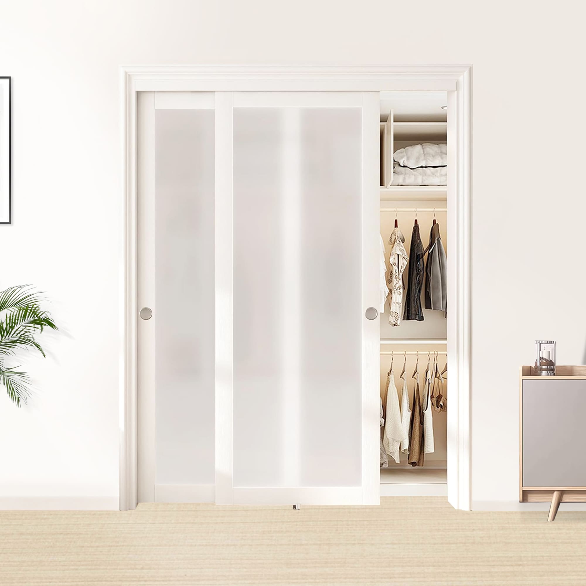 60'' X 80'' 1-Lite Tempered Frosted Glass Wood Double Bypass Sliding Closet Doors With Installation Hardware Kit_voghion.com